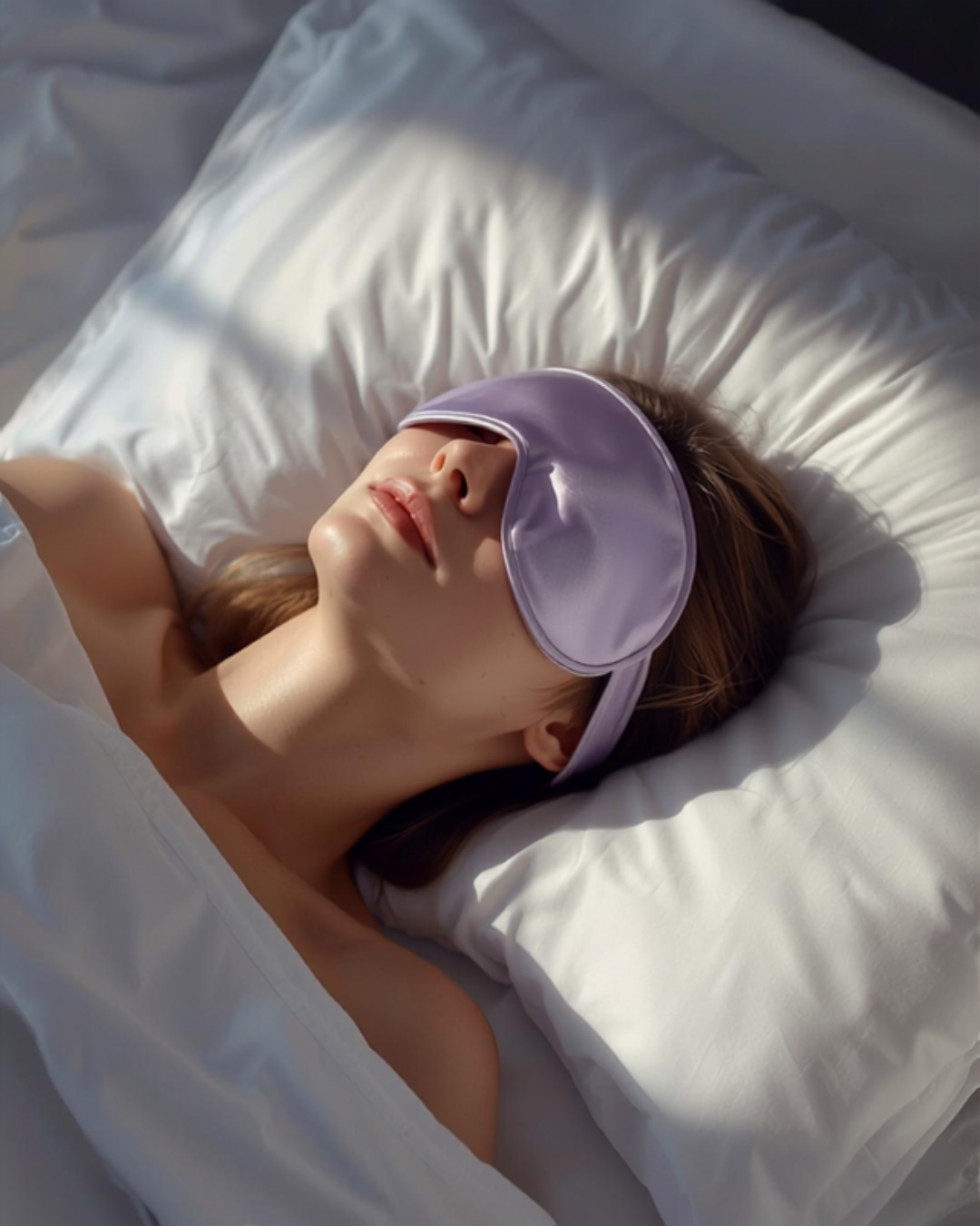 Person sleeping peacefully wearing DreamWeight weighted sleep mask